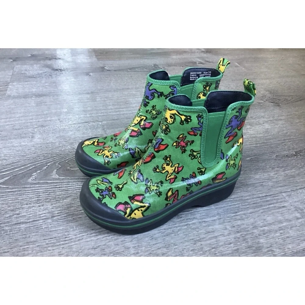 Dansko Vicki Vegan Kids Youth Size 3 EU 33 Green Rain Boots with Colorful Frogs